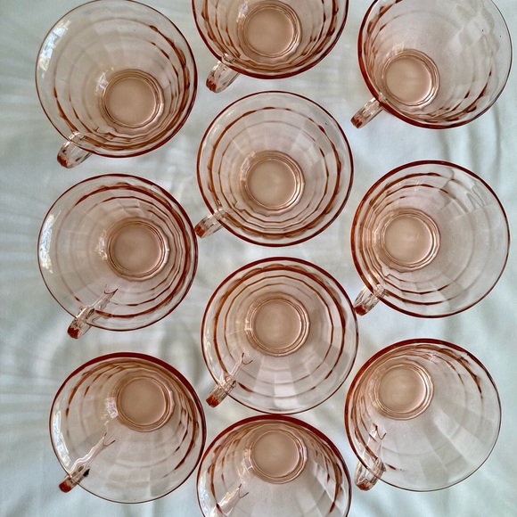 Depression Glass Pink Block Optic Teacups & Saucers - Picture 4 of 7